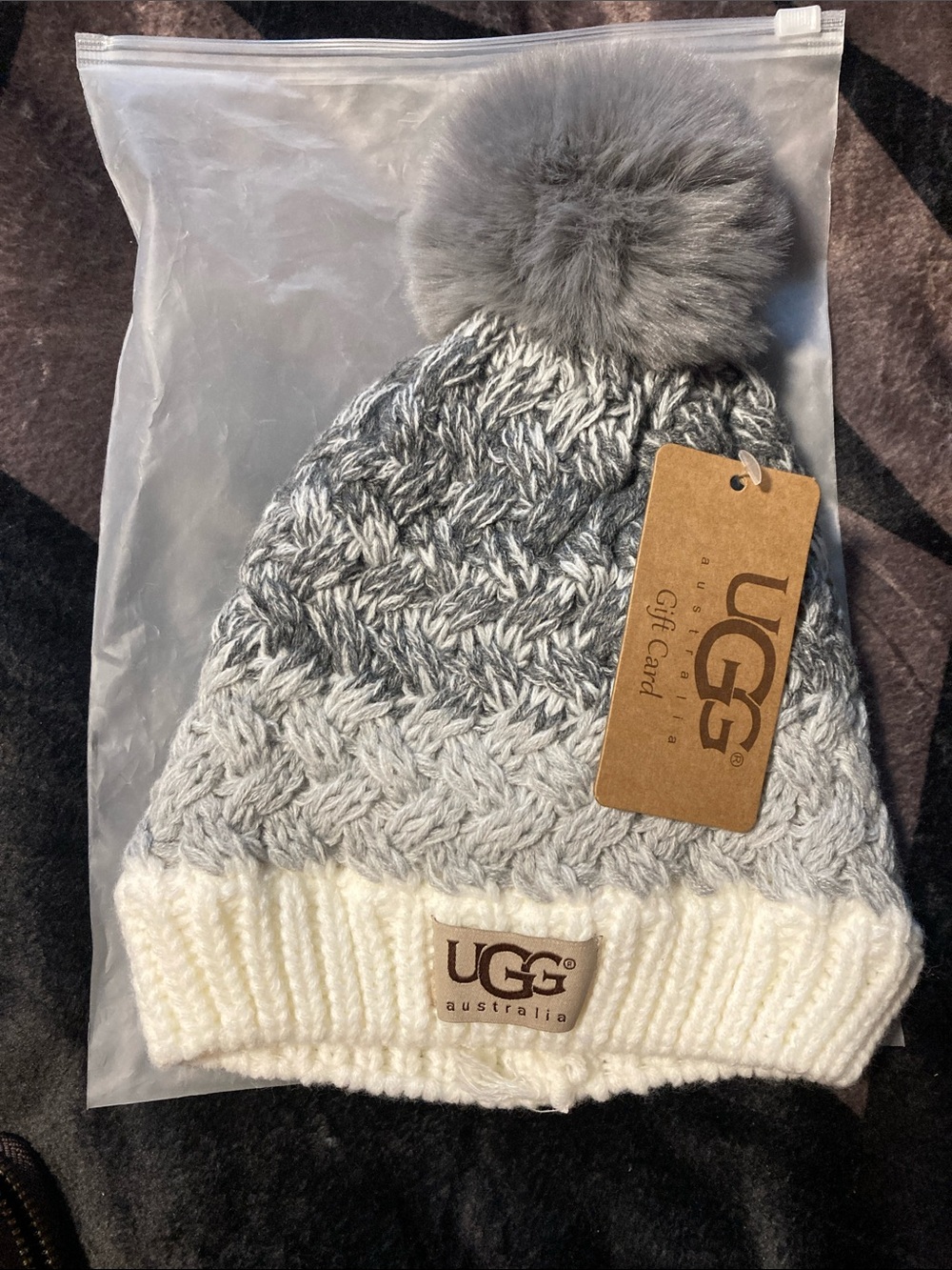kids or petite Gray Ombre Knit Beanie with White Cuff and Pom